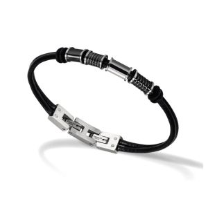 Bracelet MERCURY Cordons cuir, perles acier poli et carbone 21cm
